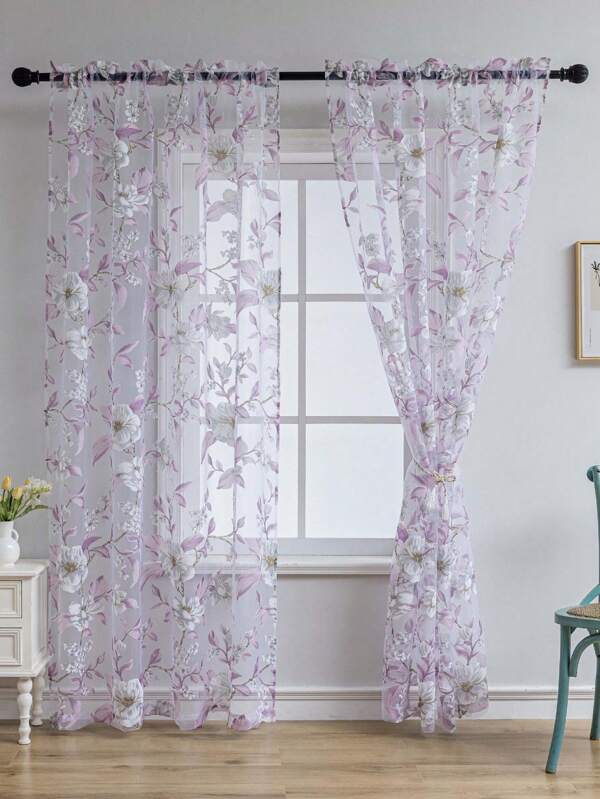 1pc Living Room Transparent Curtain, Purple Classic Floral Pattern With Light Filtering For Bedroom Privacy