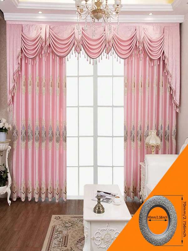 2panels European High-End Living Room Embroidered Curtains, Blackout Pink, Modern Bedroom And Wedding Room Finished Products, Excluding Curtain Heads