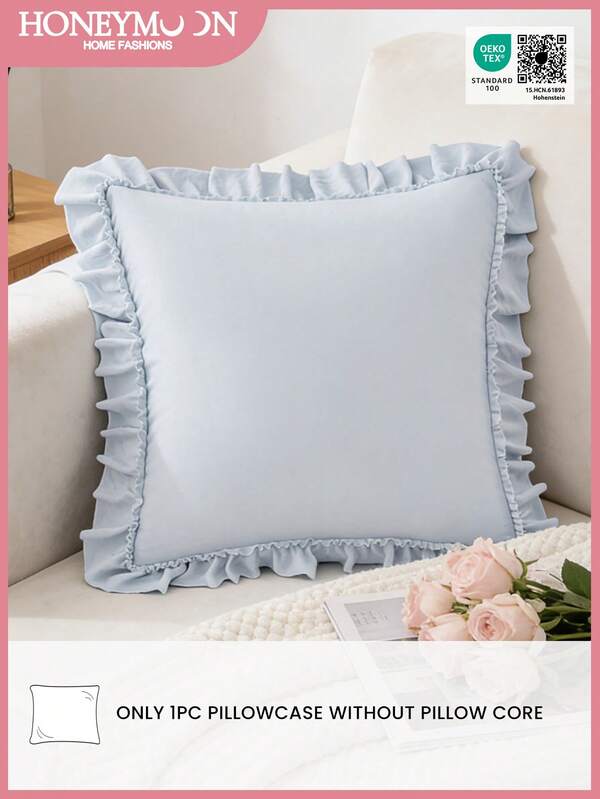 1pc Prewashed 100% Polyester French Romantic Ruffled Quilted Pillow Sham, Without Filling, Envelope Closure, Wrinkle Resistant, Machine Washable, OEKO-TEX Certified, Blue